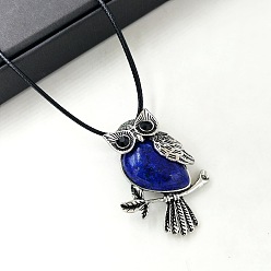 Ляпис-Лазурь Окрашенный натуральный лазурит сова кулон черный искусственный кожаный шнур ожерелья для женщин, античное серебро, 16.93 дюйм (43 см)