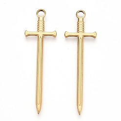 Настоящее золото 18K Ионное покрытие (ip) 304 подвески из нержавеющей стали, очарование меча, реальный 18 k позолоченный, 45x13.5x2 мм, отверстие : 2.5 мм.
