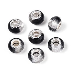 Черный Прозрачные европейские бусины-рондель из смолы, с блестящей пудрой и латунными сердечниками платинового тона, бусины с большим отверстием, чёрные, 14x9 мм, отверстие : 5 мм