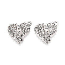 Платина Подвески из сплава и страза, сердце и молния, без свинца и без кадмия, платина, 18.5x17x3.5 мм, отверстие : 1.6 мм