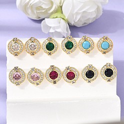 Mixed Color Brass Micro Pave Cubic Zirconia Stud Earrings, Round, Rack Plating, Long-Lasting Plated, Cadmium Free & Lead Free, Real 18K Gold Plated, Mixed Color, 13x11.5mm
