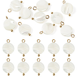 Real 18K Gold Plated 10Pcs Natural Shell Disc Pendants, with 304 Stainless Steel Loops, Seashell Color, Ion Plating(IP), Real 18K Gold Plated, 15.5~17x10~10.5x2.5~3.5mm, Hole: 2~3mm