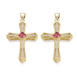 Камелия Латунные микро проложить кубического циркония подвески, с латунной привязкой на поруки, реальный 18 k позолоченный, без никеля , крестик, камелия, 35.5x24x5.5 мм, отверстие : 3x5 мм