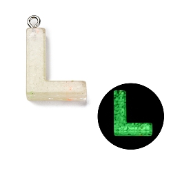 Letter L Светящиеся подвески смолы, светится в темноте, с платиновым покрытием петли, буквы, Письмо L, 24x16.5x5.5 мм, отверстие : 1.8 мм