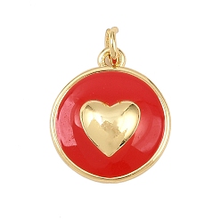 Красный Латунь эмаль подвески, с целью перехода в кольце, плоский круглый с сердечками, без свинца и без кадмия, долговечный, реальный 18 k позолоченный, стойки покрытие, красные, 16.5x14x1.5 мм, отверстие : 2.5 мм