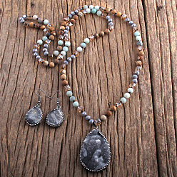 Серый Комплект из ожерелья и серег-подвесок из стекла в стиле бохо с каплевидной формой и натуральной яшмой, металлический черный , серые, 860~880 мм