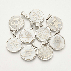 Stainless Steel Color 201 Stainless Steel Pendants, with Shell, Flat Round with Mixed Patterns, Stainless Steel Color, 23x20x3~4mm, Hole: 3x6mm