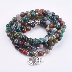 Indian Agate Natural Indian Agate Wrap Bracelets, with Alloy Finding, Om Symbol and Tree of Life, 36.22 inch~39.37 inch(92~100cm)