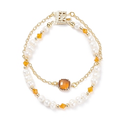 Goldenrod Natural Pearl & Glass Beaded Multi-strand Bracelet with Brass Cable Chains for Women, Golden, Goldenrod, 7-1/2 inch(19cm)