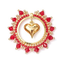 Малиновый Цилиндрические семена плоские круглые подвески, с 304 открытыми соединительными кольцами из нержавеющей стали и подвесками в виде сердечек, малиновый, 39x41x6 мм, отверстие : 1.4 мм