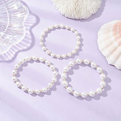 Белый 3шт. браслеты из круглых бусин с ракушками и жемчугом для женщин, с немагнитных синтетическими гематита бисера, белые, внутренний диаметр: 2~2-1/8 дюйм (5.2~5.5 см), 3 шт / комплект