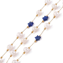 Lapis Lazuli Natural Lapis Lazuli Star and Pearl Beaded Chains, with Stainless Steel Findings, Long-Lasting Plated, Soldered, with Spool, Golden, Link: 2x0.5x0.1mm, Bead: 5.5~7x5.5~6mm, Star: 6x6~6.5x2.5~3mm
