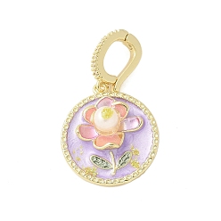 Лиловый Латунь эмаль подвески, с натуральным пресноводным жемчугом и застежкой из латуни с микропаве из кубических цирконий, плоская круглая с подвеской в виде цветка, сирень, 20.5x18x7.5 мм, отверстие : 7.5x5 мм
