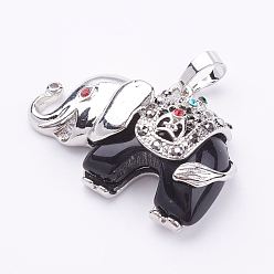 (946F)Морозный цвет внутри  Жонкиль / Непрозрачная зеленая подкладка Подвески из натурального окрашенного и нагретого черного агата, с хрустальной и латунной фурнитурой, слон, платина, 25.5x36.5x10 мм, отверстие : 5x8 мм