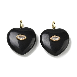 Obsidian Natural Obsidian Pendants, Heart Charms with Brass Micro Pave Clear Cubic Zirconia Findings, Golden, 31.5~32x25~25.5x9.5~10.5mm, Hole: 4mm