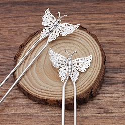 Plata Fornituras de horquilla de pelo de latón, con fornituras de filigrana de mariposas, plata, 135x12x2 mm