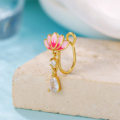 Золотой Прозрачный кубический цирконий с эмалью в виде розового цветка лотоса, клипса на кольца для носа, латунная манжета для носа без пирсинга для женщин, золотые, 18x8 мм