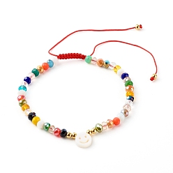 Red Electroplate Glass Nylon Thread Braided Bead Bracelets, with Natural Shell Beads, Smile, Red, Inner Diameter: 2 inch(5.1cm)