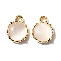 Белый Плоские круглые латунные подвески, с кошачий глаз, без никеля , реальный 18 k позолоченный, белые, 9x7x3.5 мм, отверстие : 1.2 мм