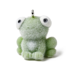 Лягушка Флокированные подвески из непрозрачной смолы, с платиновыми тоновыми железными петлями, зеленый лайм, лягушка, 24x22x16 мм, отверстие : 2 мм