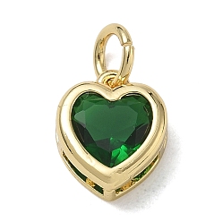 Green Brass Pave Cubic Zirconia Charms, Heart Charms, Single Stone Charms, Long-Lasting Plated, Rack Plating, Lead Free & Cadmium Free, Real 18K Gold Plated, Green, 12x10x5mm, Hole: 5mm
