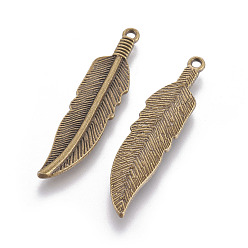 Antique Bronze Tibetan Style Alloy Charms, Lead Free & Cadmium Free & Nickel Free, Feather, Antique Bronze, 42x10x2mm, Hole: 2mm