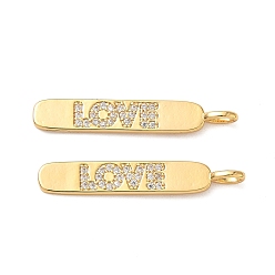 Настоящее золото 18K Латунные микропаве прозрачные подвески с фианитом, овал и слово любовь, без никеля , реальный 18 k позолоченный, 32x5x3.5 мм, отверстие : 3.5x2 мм
