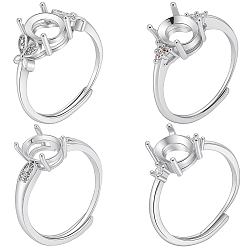 Платина 4шт. 4 стили латунные кольца с микропаве из кубического циркония, регулируемые застежки, настройки зубчатого кольца, овальные, платина, лоток : 9x7 мм, 9 мм, внутренний диаметр: 17.5~18 мм, 1 шт / стиль