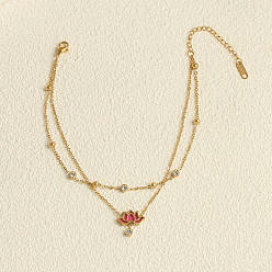 Светло-Коралловый Лотос 304 браслеты на ногу из нержавеющей стали с кристаллами, стразами и натуральными ракушками, реальный 18 k позолоченный, свет коралловый, 8-5/8 дюйм (220 мм)