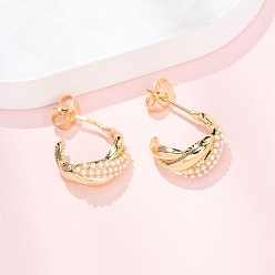 Настоящее золото 16K Латунные серьги-гвоздики в форме буквы С, с ABS имитации жемчуга, реальный 16 k позолоченный, 14x7 мм