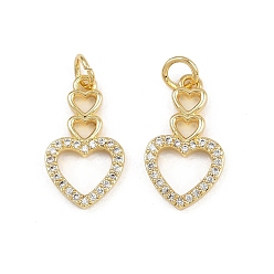 Настоящее золото 16K Латунные микропаве прозрачные подвески с фианитом, сердце, с целью перехода в кольце, реальный 16 k позолоченный, 19.5x11x2 мм, отверстие : 3.4 мм