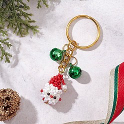 Золотой Стеклянные брелоки с Санта-Клаусом, Дед Мороз, с латунными подвесками-колокольчиками с вакуумным покрытием PVD, железными разъемными брелоками, акриловыми бусинами с имитацией жемчуга, латунными бусинами и 304 соединительными кольцами из нержавеющей стали, золотые, 75.5 мм