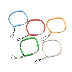 Mixed Color Handmade Polymer Clay Beads Mobile Straps, with Nylon Thread, Brass Beads, Glass Beads, Acrylic Beads, Word LOVE, Mixed Color, 21.9cm