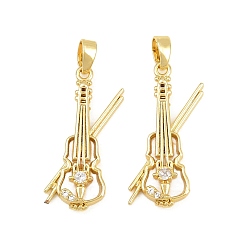 Chapado en Oro Real 18K Latón micro pavimenta claro colgantes de circonio cúbico, con resina blanca, encantos de violín, real 18 k chapado en oro, 25.5x13x3.5 mm, agujero: 4.5x2 mm