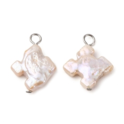 Нержавеющая Сталь Цвет Подвески-кресты из натурального барочного жемчуга Кеши, с 304 петлями из нержавеющей стали, цветочный белый, цвет нержавеющей стали, 19x14~16x3.5~5 мм, отверстие : 2~3 мм