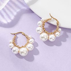 Золотой Круглые серьги-кольца с ракушечным жемчугом, С 304 результатами из нержавеющей стали, золотые, 32x30x10.5 мм