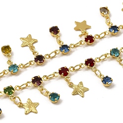 Настоящее золото 18K Латунные плоские круглые со звездообразными звеньями, со стеклом, стойки покрытие, долговечный, без свинца и без кадмия, пайки, с катушкой, реальный 18 k позолоченный, 6.5x3 мм, звезды: 8x7.5x0.5 mm