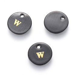 Letter W Süßwasserschalencharme, mit Goldblockschrift, gefärbt, Flachrund, Schwarz, letter.w, 11x1.5 mm, Bohrung: 1.5 mm