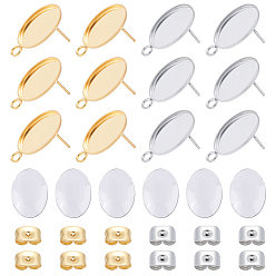 Золотой & Цвет Нержавеющей Стали 60 шт. 2 цвета 304 серьги-гвоздики из нержавеющей стали, овальные, со стеклянным кабошоном 60шт., 60шт. 2 цвета гайки для ушей, золотые и нержавеющая сталь цвет, 18x11 мм, отверстие : 2 мм, штифты : 0.7x11 мм