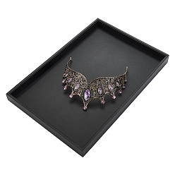 Черный Прямоугольный плоский поднос для ювелирных изделий из искусственной кожи, покрытый деревом, Штабелируемый органайзер для ящика для драгоценностей, пустой лоток, для сережек, Кольца, , хранение часов, чёрные, 34.9x24.2x2.95 см, Внутренний диаметр: 33.6x22.7 cm