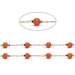 Orange Red Handmade Brass Cable Chains, with Dyed Synthetic Turquoise Beads and Spool, Soldered, Long-Lasting Plated, Round, Real 18K Gold Plated, Orange Red, 2x1x0.3mm, about 32.8 Feet(10m)/roll