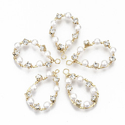 Creamy White Brass Micro Pave Cubic Zirconia Pendants, with ABS Plastic Imitation Pearl Beads, Nickel Free, Teardrop, Real 18K Gold Plated, Creamy White, 31x20x5mm, Hole: 2mm