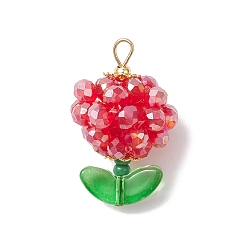 Красный Цветок стеклянные подвески, с 304 петлей из нержавеющей стали, граненый(32 граненый), красные, 27.5~28x17~17.5 мм, отверстие : 3.5x3 мм