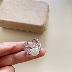 Flower Alloy & Plastic Pearl Cuff Open Rings for Women, Platinum, Flower, 15~20mm
