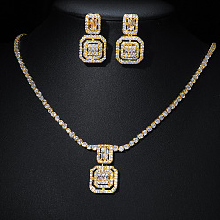 Золотой Комплекты из квадратных латунных подвесок с микропаве из прозрачных кубических цирконий и серег-гвоздиков, золотые, 460 мм