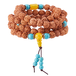 Saddle Brown 1Pc Bodhi & Synthetic Turquoise Beaded Mala Necklaces, Saddle Brown, 39.76 inch(101cm)