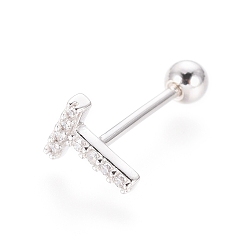 Letter T Boucles d'oreilles en argent sterling plaqué rhodium, micro pavé, zircone cubique transparente, haltère, cartilage, letter.t, 925mm, pin: 6.5x1x1.5 mm