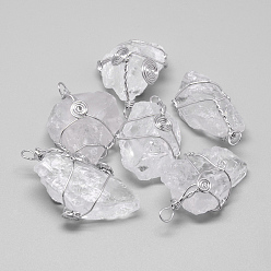 Platinum Rough Raw Natural Quartz Crystal Pendants, with Brass Findings, Nuggets, Platinum, 30~77x18~28x10~25mm, Hole: 3mm