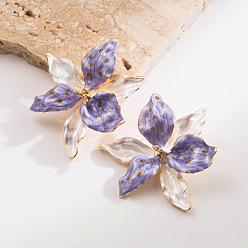 Medium Purple Alloy Enamel Stud Earrings for Women, Flower, Golden, Medium Purple, 60x60mm