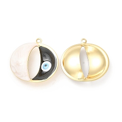 Black Brass Pendants, with Enamel, Real 18K Gold Plated, Long-Lasting Plated, Cadmium Free & Nickel Free & Lead Free, Flat Round with Evil Eye Charms, Black, 25x25x8mm, Hole: 1.4mm